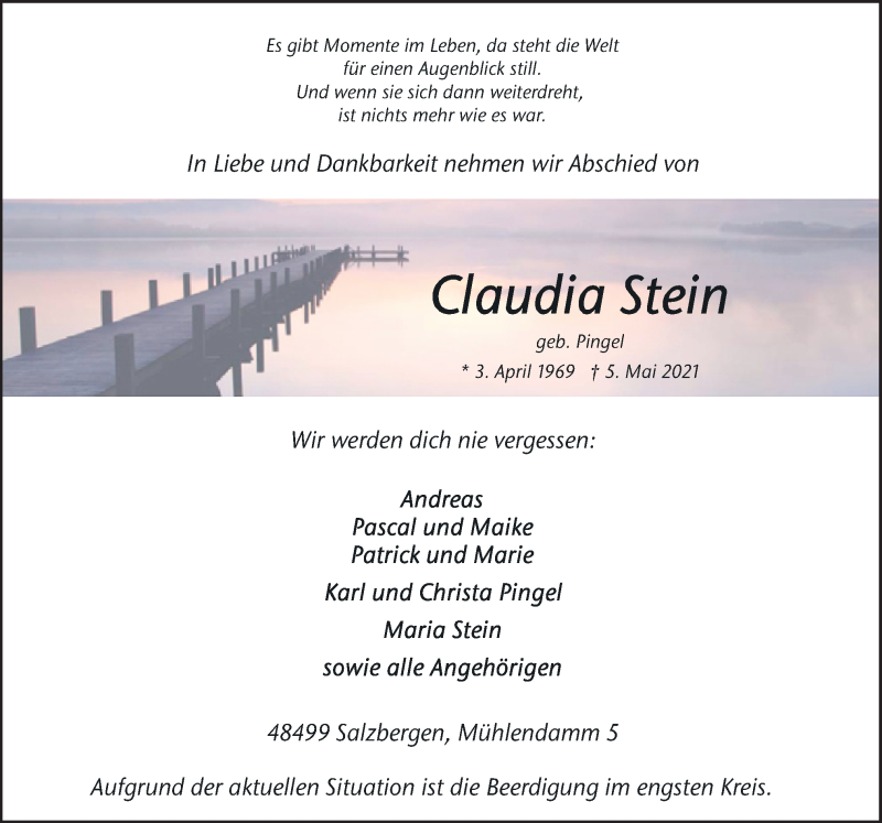  Traueranzeige für Claudia Stein vom 08.05.2021 aus Neue Osnabrücker Zeitung GmbH & Co. KG