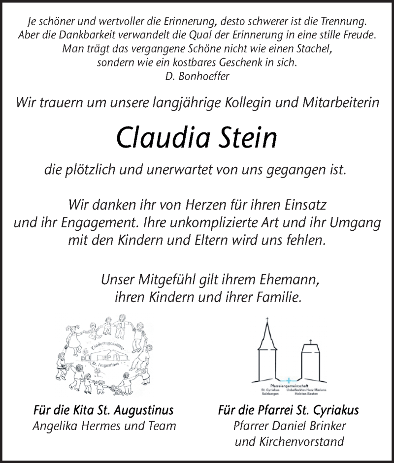  Traueranzeige für Claudia Stein vom 10.05.2021 aus Neue Osnabrücker Zeitung GmbH & Co. KG