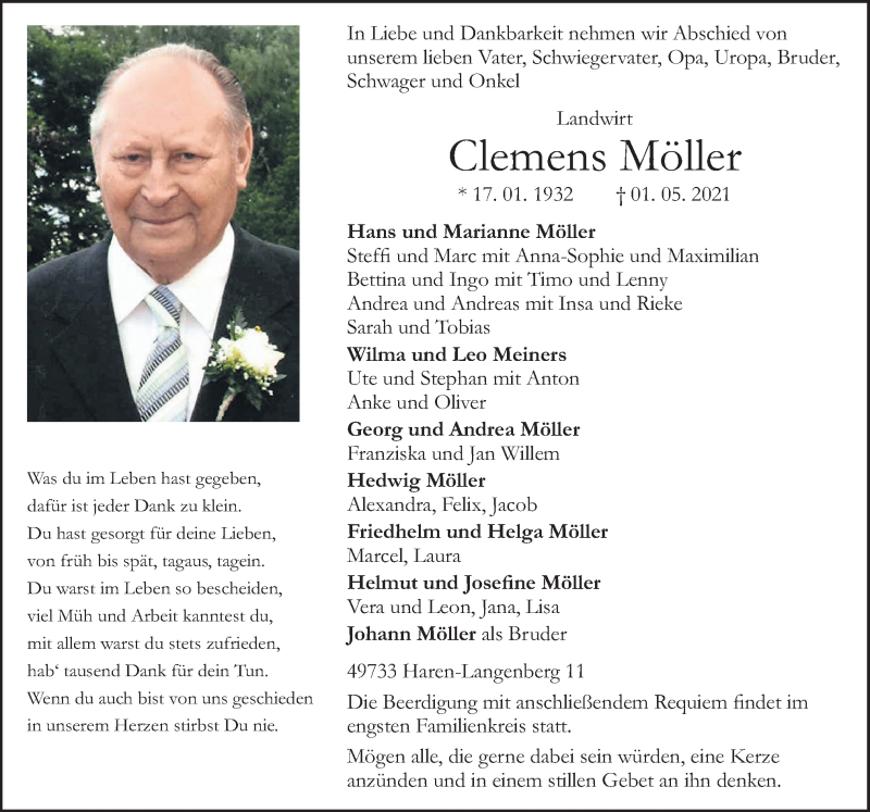  Traueranzeige für Clemens Möller vom 03.05.2021 aus Neue Osnabrücker Zeitung GmbH & Co. KG