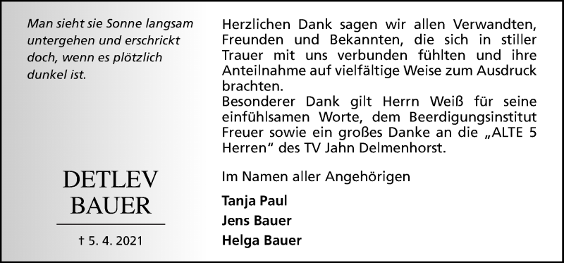  Traueranzeige für Detlev Bauer vom 05.05.2021 aus Neue Osnabrücker Zeitung GmbH & Co. KG