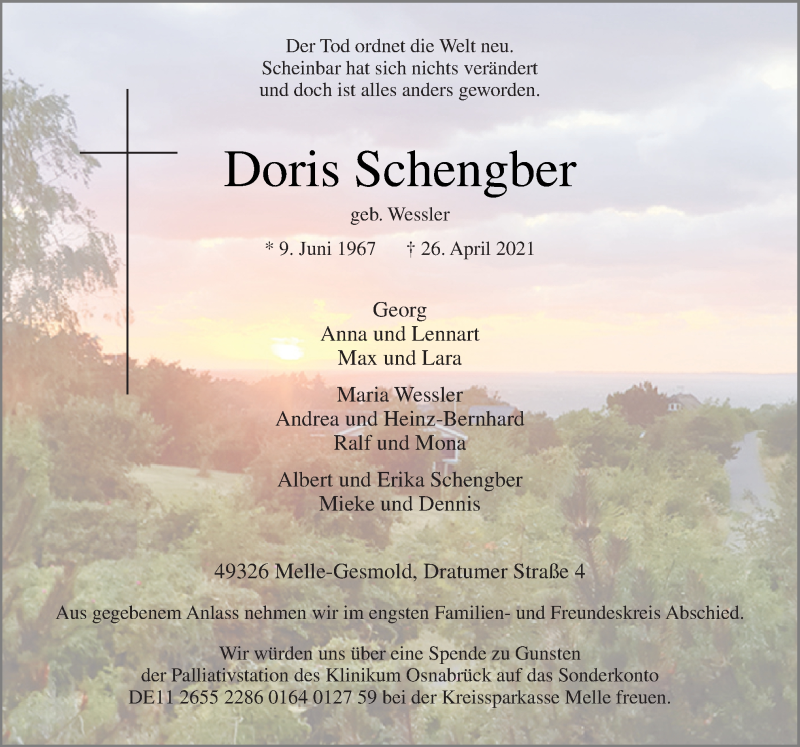  Traueranzeige für Doris Schengber vom 03.05.2021 aus Neue Osnabrücker Zeitung GmbH & Co. KG