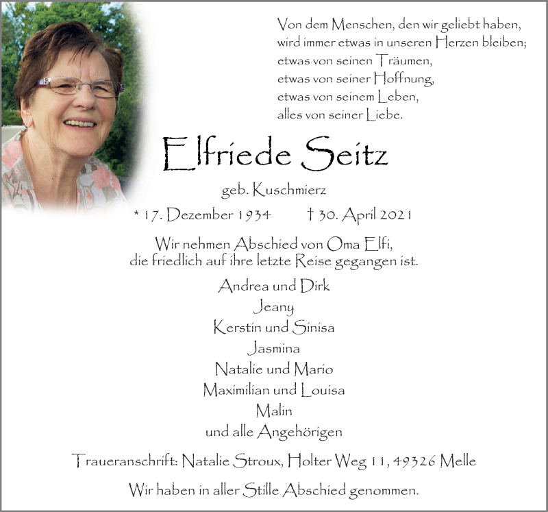  Traueranzeige für Elfriede Seitz vom 08.05.2021 aus Neue Osnabrücker Zeitung GmbH & Co. KG