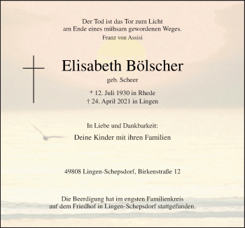 Traueranzeige von Elisabeth Bölscher von Neue Osnabrücker Zeitung GmbH & Co. KG
