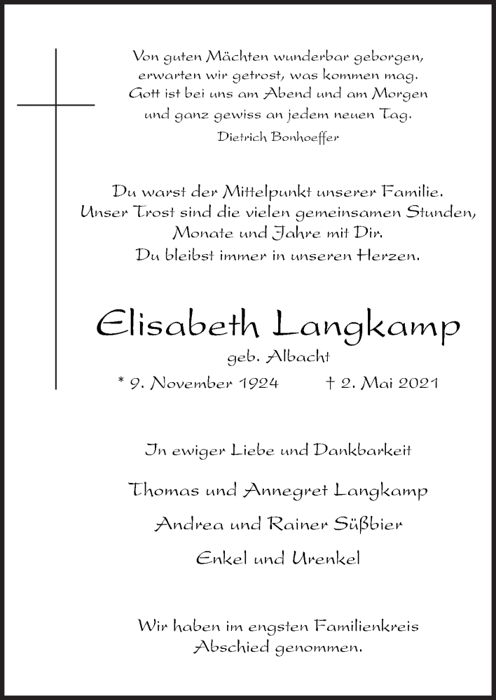  Traueranzeige für Elisabeth Langkamp vom 08.05.2021 aus Neue Osnabrücker Zeitung GmbH & Co. KG