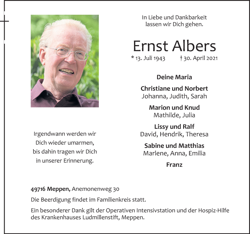  Traueranzeige für Ernst Albers vom 03.05.2021 aus Neue Osnabrücker Zeitung GmbH & Co. KG