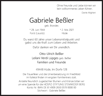 Traueranzeige von Gabriele Beßler von Neue Osnabrücker Zeitung GmbH & Co. KG