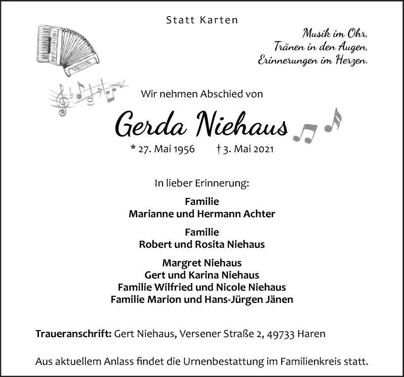  Traueranzeige für Gerda Niehaus vom 08.05.2021 aus Neue Osnabrücker Zeitung GmbH & Co. KG
