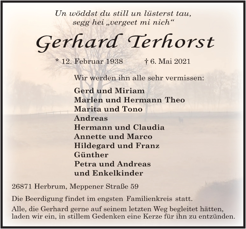  Traueranzeige für Gerhard Terhorst vom 10.05.2021 aus Neue Osnabrücker Zeitung GmbH & Co. KG