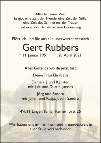 Traueranzeige von Gert Rubbers von Neue Osnabrücker Zeitung GmbH & Co. KG