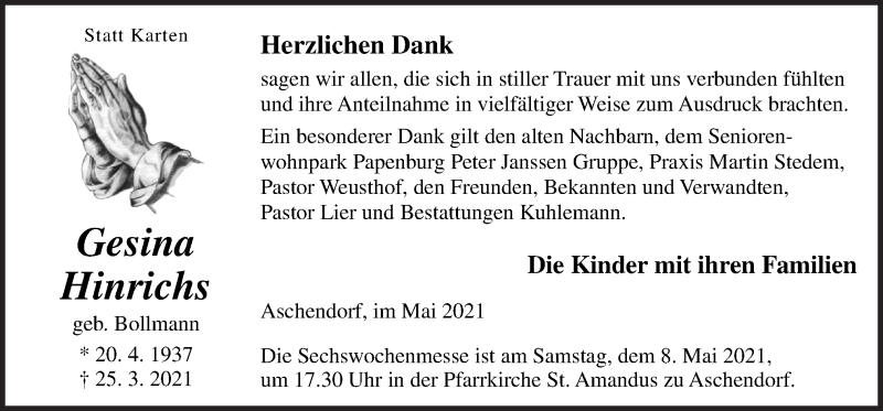  Traueranzeige für Gesina Hinrichs vom 05.05.2021 aus Neue Osnabrücker Zeitung GmbH & Co. KG