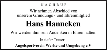 Traueranzeige von Hans Hanneken von Neue Osnabrücker Zeitung GmbH & Co. KG