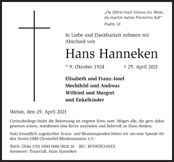 Traueranzeige von Hans Hanneken von Neue Osnabrücker Zeitung GmbH & Co. KG