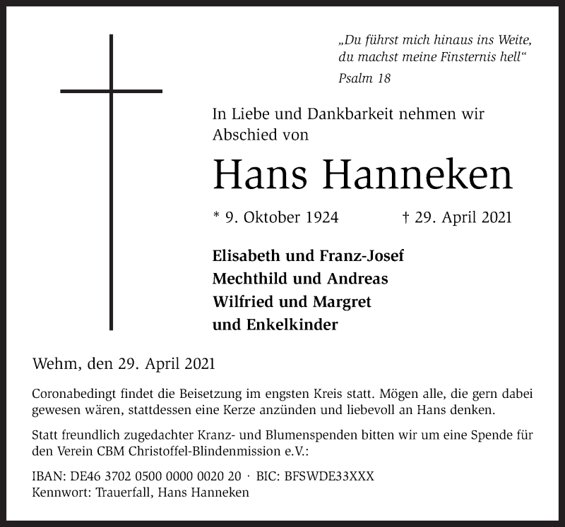  Traueranzeige für Hans Hanneken vom 03.05.2021 aus Neue Osnabrücker Zeitung GmbH & Co. KG