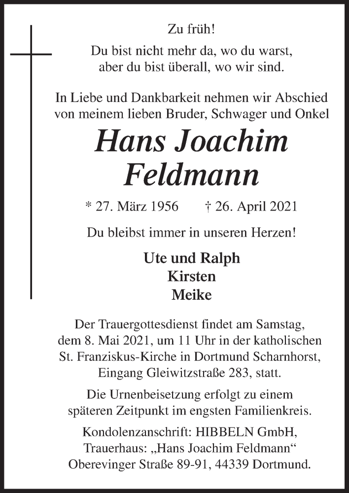  Traueranzeige für Hans Joachim Feldmann vom 04.05.2021 aus Neue Osnabrücker Zeitung GmbH & Co. KG