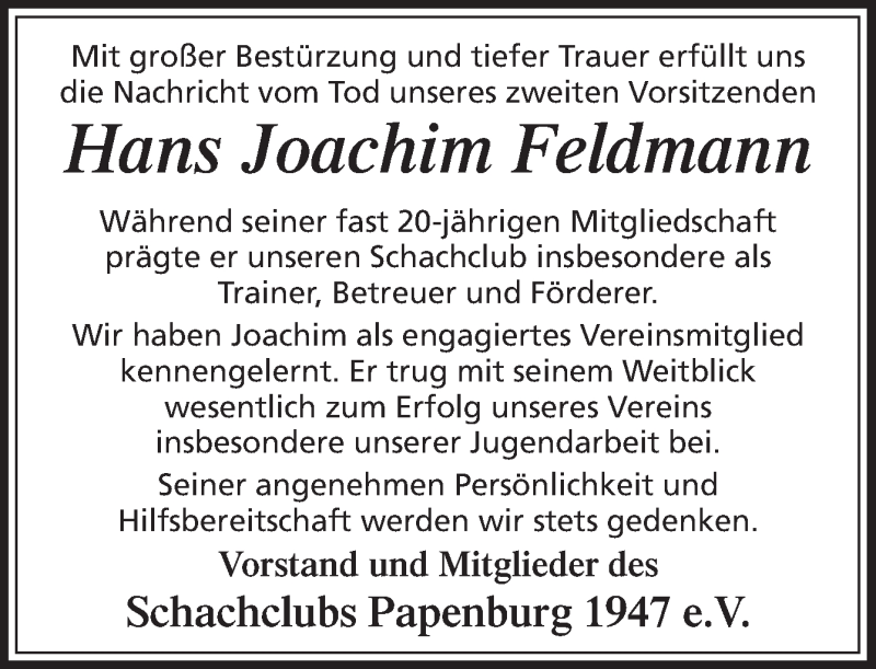  Traueranzeige für Hans Joachim Feldmann vom 06.05.2021 aus Neue Osnabrücker Zeitung GmbH & Co. KG