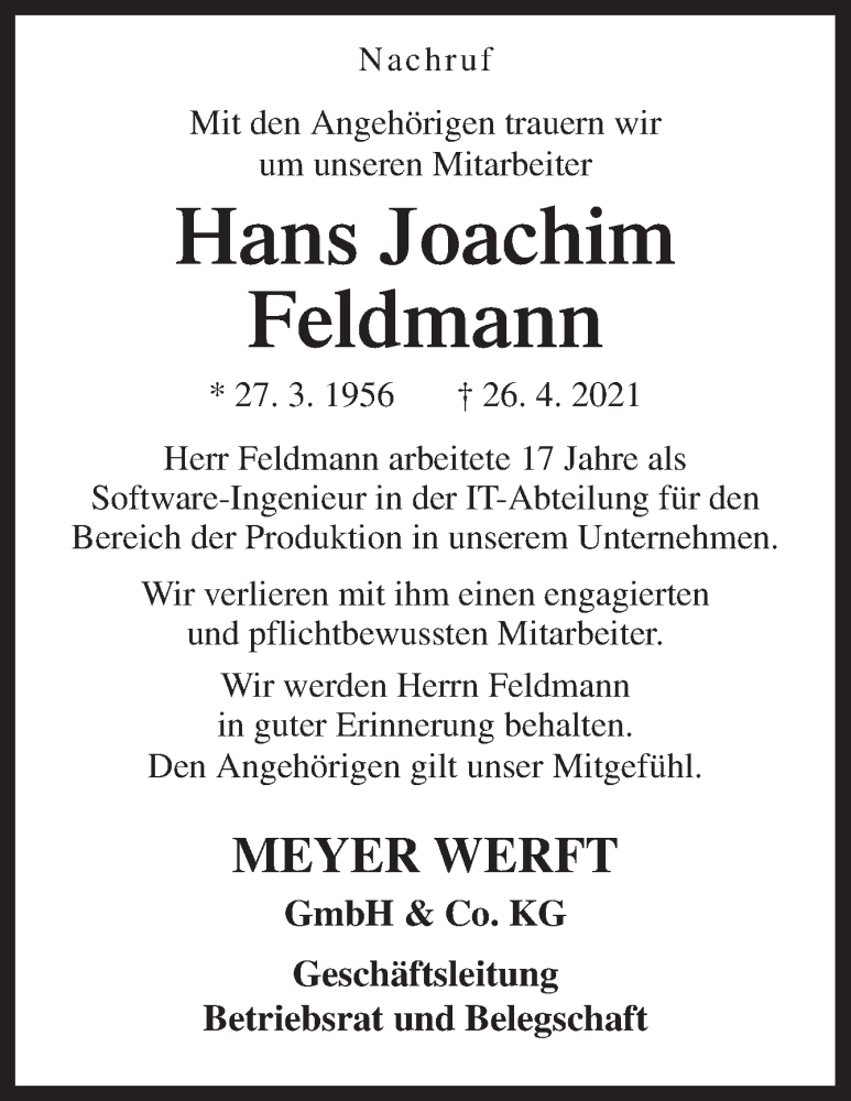  Traueranzeige für Hans Joachim Feldmann vom 05.05.2021 aus Neue Osnabrücker Zeitung GmbH & Co. KG