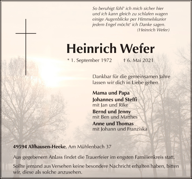  Traueranzeige für Heinrich Wefer vom 07.05.2021 aus Neue Osnabrücker Zeitung GmbH & Co. KG