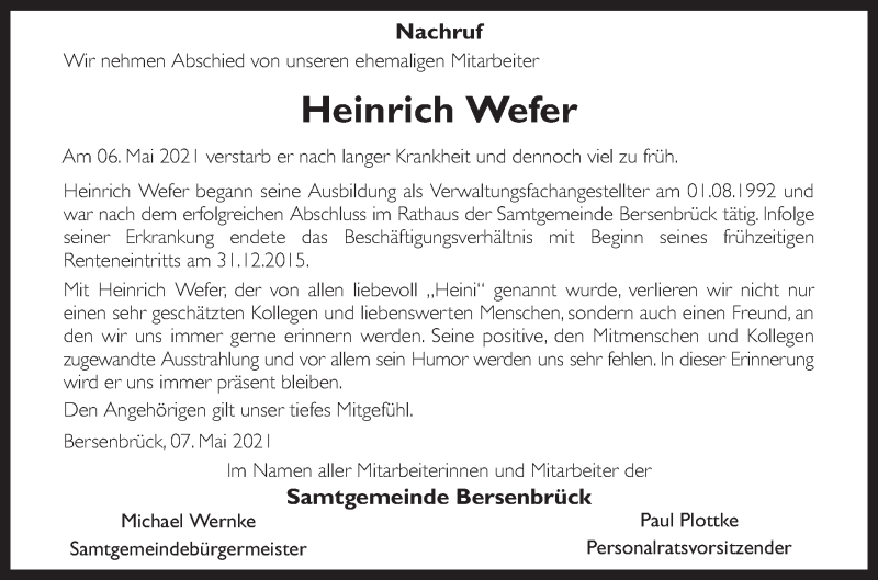  Traueranzeige für Heinrich Wefer vom 10.05.2021 aus Neue Osnabrücker Zeitung GmbH & Co. KG