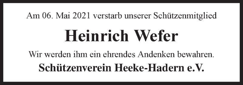  Traueranzeige für Heinrich Wefer vom 08.05.2021 aus Neue Osnabrücker Zeitung GmbH & Co. KG