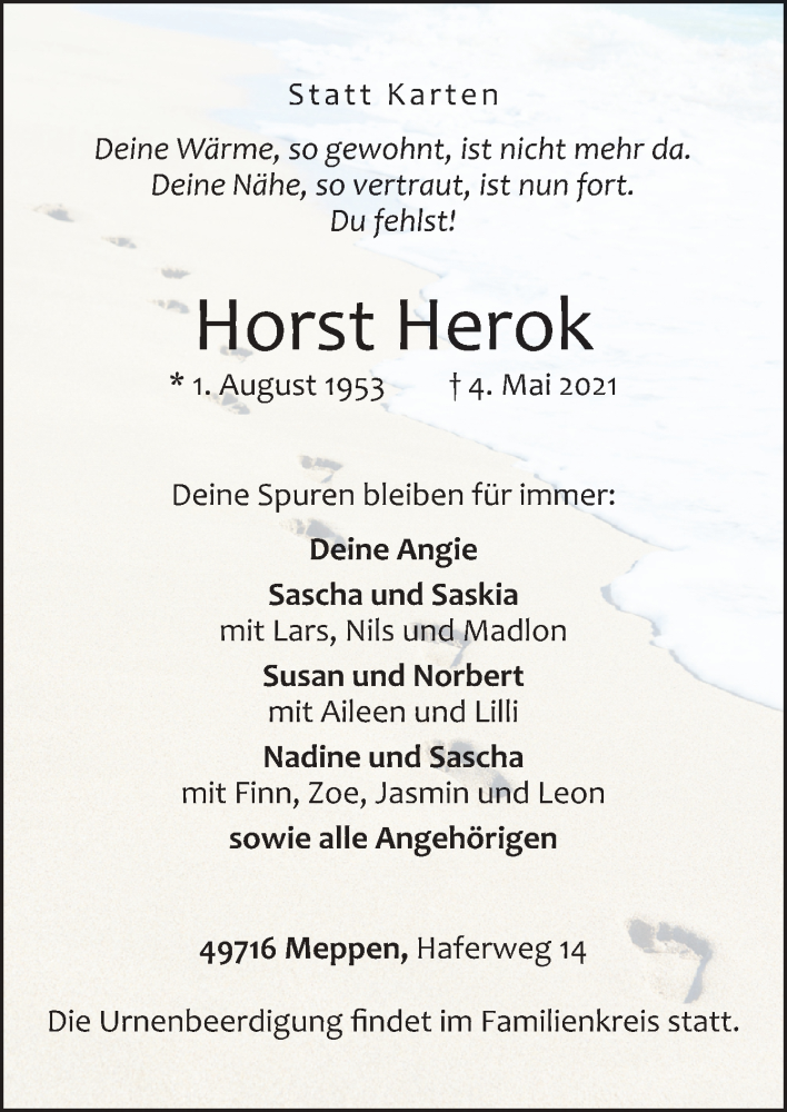  Traueranzeige für Horst Herok vom 08.05.2021 aus Neue Osnabrücker Zeitung GmbH & Co. KG
