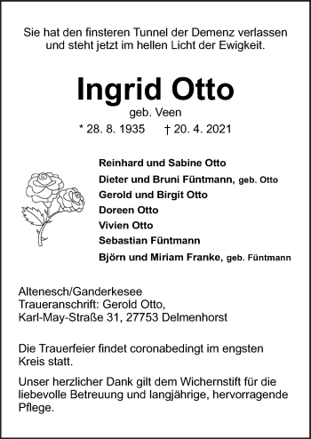 Traueranzeige von Ingrid Otto von Neue Osnabrücker Zeitung GmbH & Co. KG
