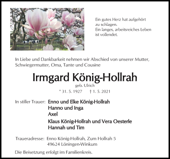 Traueranzeige von Irmgard König-Hollrah von Neue Osnabrücker Zeitung GmbH & Co. KG