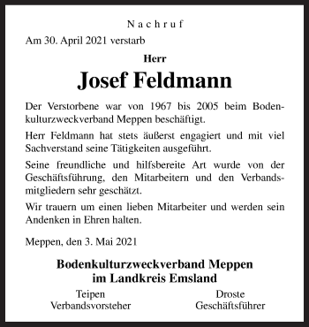 Traueranzeige von Josef Feldmann von Neue Osnabrücker Zeitung GmbH & Co. KG