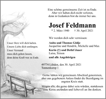 Traueranzeige von Josef Feldmann von Neue Osnabrücker Zeitung GmbH & Co. KG