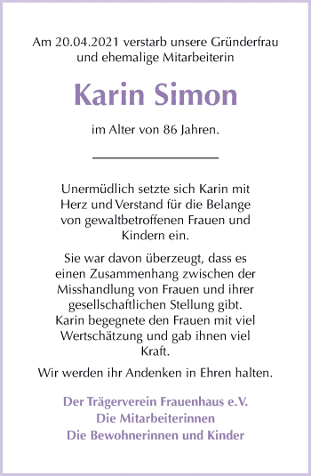 Traueranzeige von Karin Simon von Neue Osnabrücker Zeitung GmbH & Co. KG
