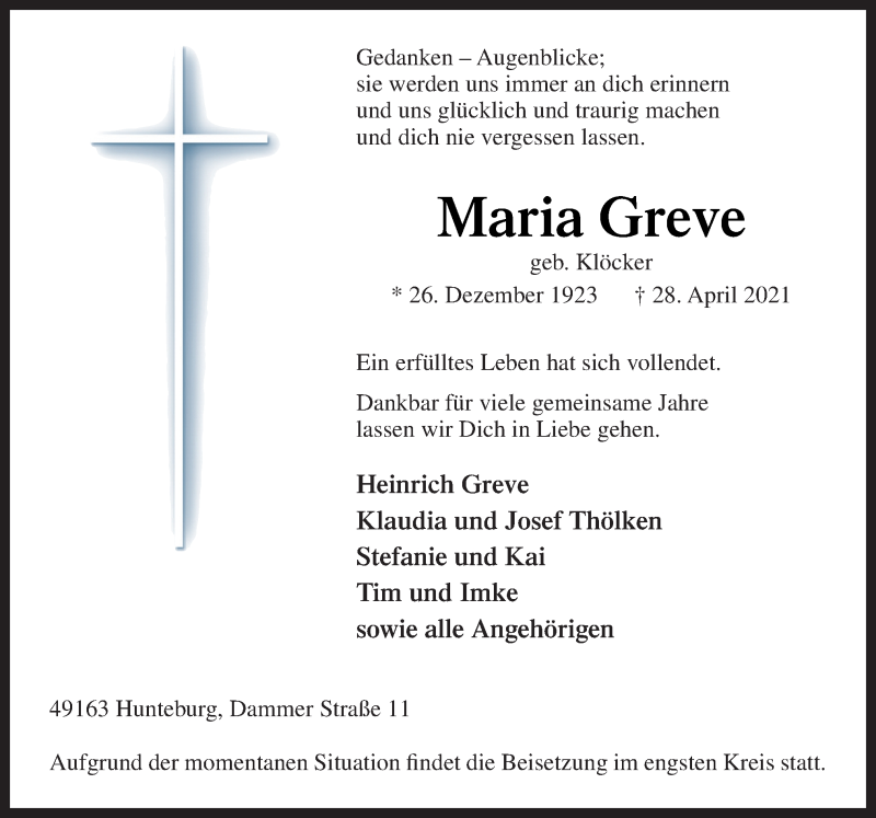  Traueranzeige für Maria Greve vom 03.05.2021 aus Neue Osnabrücker Zeitung GmbH & Co. KG