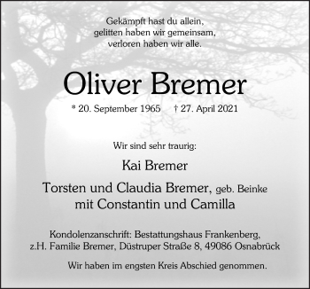 Traueranzeige von Oliver Bremer von Neue Osnabrücker Zeitung GmbH & Co. KG
