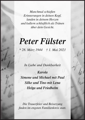 Traueranzeige von Peter Fülster von Neue Osnabrücker Zeitung GmbH & Co. KG