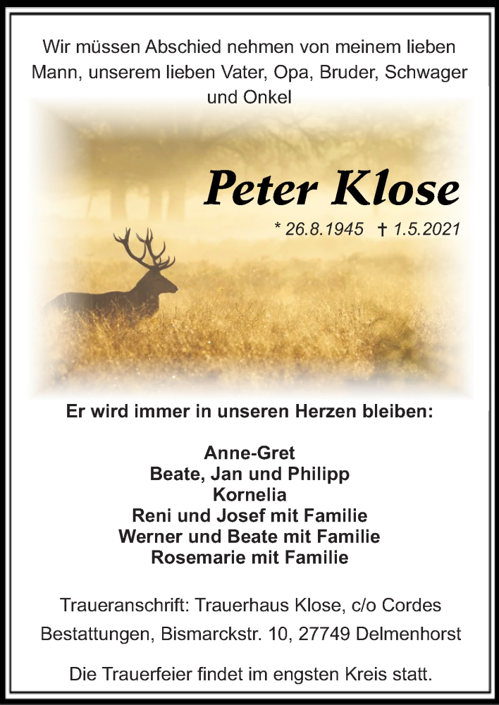  Traueranzeige für Peter Klose vom 05.05.2021 aus Neue Osnabrücker Zeitung GmbH & Co. KG