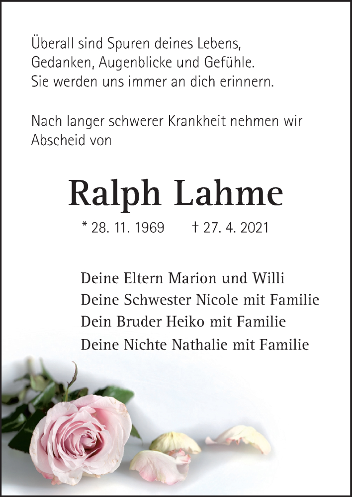  Traueranzeige für Ralph Lahme vom 06.05.2021 aus Neue Osnabrücker Zeitung GmbH & Co. KG