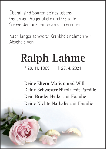 Traueranzeige von Ralph Lahme von Neue Osnabrücker Zeitung GmbH & Co. KG