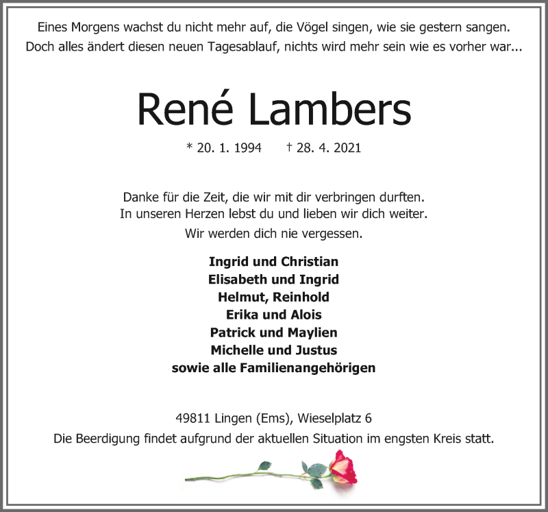  Traueranzeige für René Lambers vom 06.05.2021 aus Neue Osnabrücker Zeitung GmbH & Co. KG