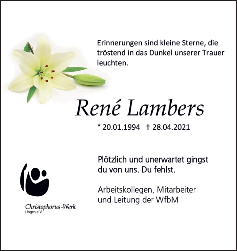  Traueranzeige für René Lambers vom 08.05.2021 aus Neue Osnabrücker Zeitung GmbH & Co. KG