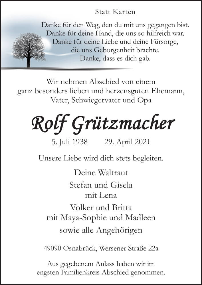  Traueranzeige für Rolf Grützmacher vom 08.05.2021 aus Neue Osnabrücker Zeitung GmbH & Co. KG