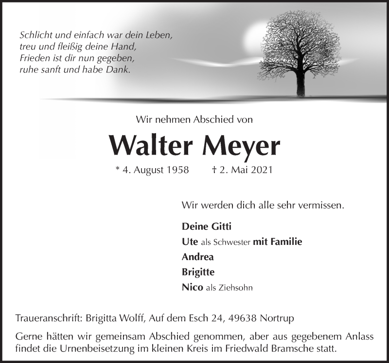  Traueranzeige für Walter Meyer vom 08.05.2021 aus Neue Osnabrücker Zeitung GmbH & Co. KG