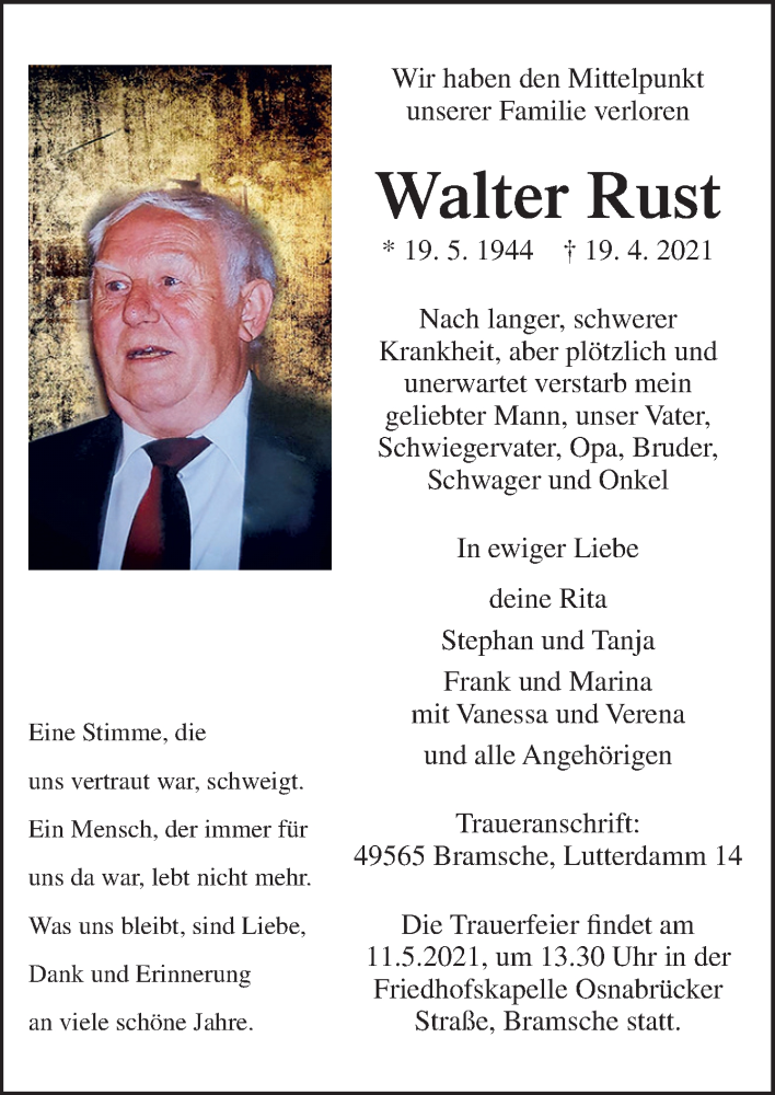  Traueranzeige für Walter Rust vom 08.05.2021 aus Neue Osnabrücker Zeitung GmbH & Co. KG