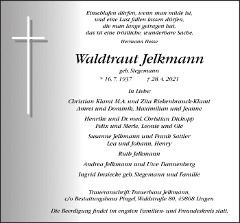 Traueranzeige von Waltraut Jelkmann von Neue Osnabrücker Zeitung GmbH & Co. KG