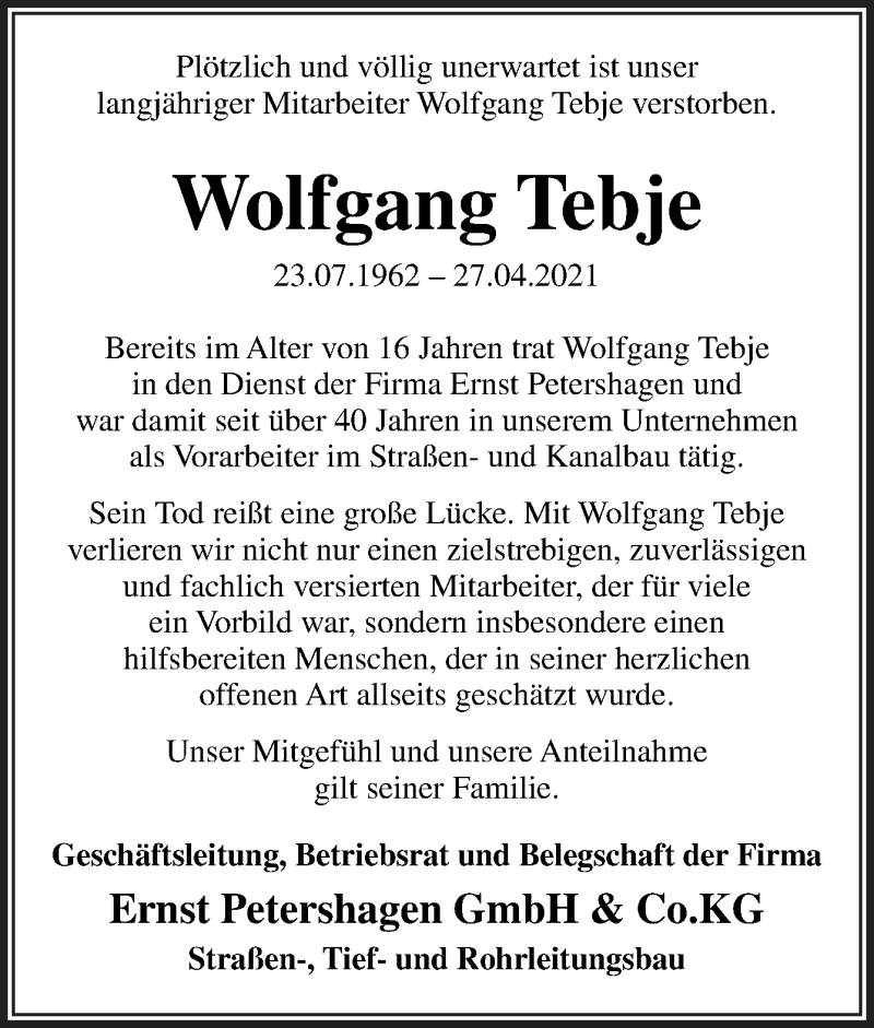  Traueranzeige für Wolfgang Tebje vom 03.05.2021 aus Neue Osnabrücker Zeitung GmbH & Co. KG