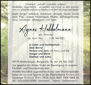 Traueranzeige von Agnes Hebbelmann von Neue Osnabrücker Zeitung GmbH & Co. KG