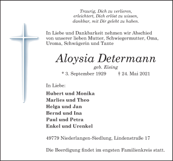 Traueranzeige von Aloysia Determann von Neue Osnabrücker Zeitung GmbH & Co. KG