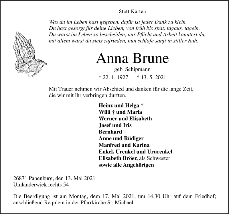  Traueranzeige für Anna Brune vom 15.05.2021 aus Neue Osnabrücker Zeitung GmbH & Co. KG