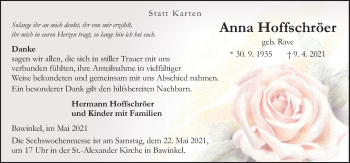 Traueranzeige von Anna Hoffschröer von Neue Osnabrücker Zeitung GmbH & Co. KG