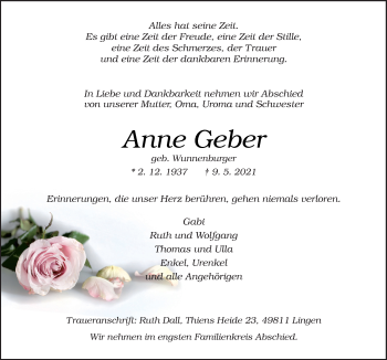 Traueranzeige von Anne Geber von Neue Osnabrücker Zeitung GmbH & Co. KG