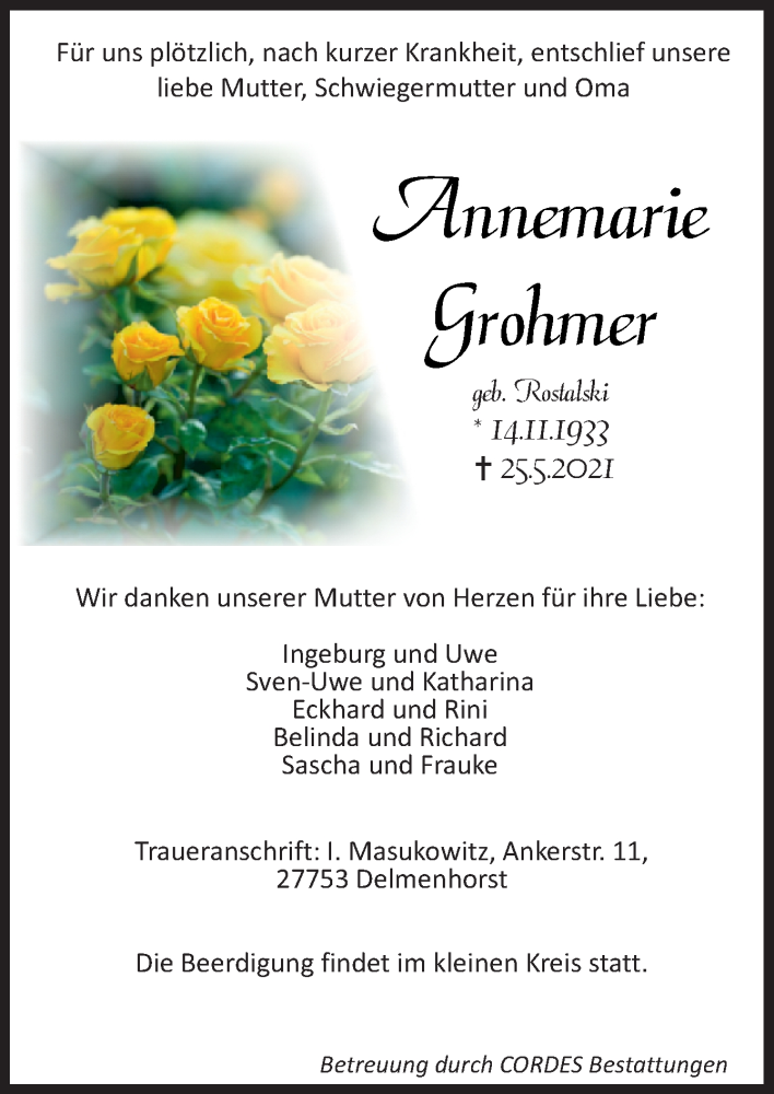  Traueranzeige für Annemarie Grohmer vom 29.05.2021 aus Neue Osnabrücker Zeitung GmbH & Co. KG