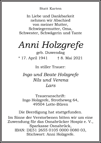 Traueranzeige von Anni Holzgrefe von Neue Osnabrücker Zeitung GmbH & Co. KG