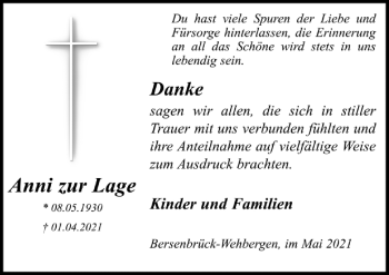 Traueranzeige von Anni zur Lage von Neue Osnabrücker Zeitung GmbH & Co. KG